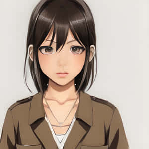 身穿棕色軍裝外套的動漫女孩，表情嚴肅 — 動漫女孩連帽上衣 壁紙