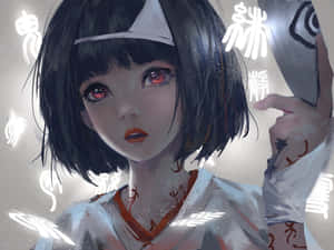 紅眼動漫女孩手持面具，被發光的日文字環繞。 — 可愛動漫女孩 壁紙
