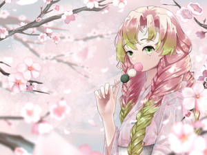 穿粉紅和服的動漫女孩在櫻花下吃甜糰子。 — 甘露寺蜜璃 壁紙