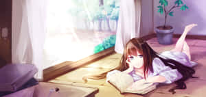 動漫女孩在陽光窗邊看書 — 看書 GIF 壁紙