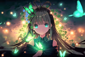 動漫女孩，頭髮上有發光的綠色蝴蝶和花朵，被溫暖的燈光包圍。 — 黑白藝術 壁紙