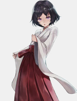 動漫女孩，白色上衣和紅色裙子，黑色短髮，紫色眼睛。 — Galaxy Z Fold 8 壁紙