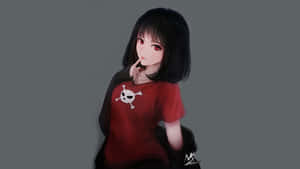 動漫女孩穿著紅色骷髏襯衫，手指托腮思考。 — 可愛動漫女孩 壁紙