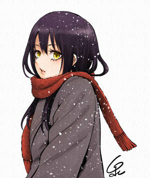 動漫女孩穿著冬季外套和紅色圍巾站在飄雪中。 — Galaxy Z Fold 6 壁紙