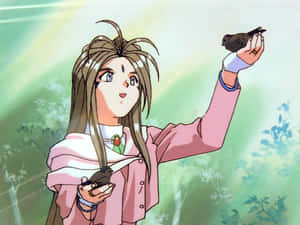 動漫女孩在陽光明媚的森林中捧著兩隻小鳥。