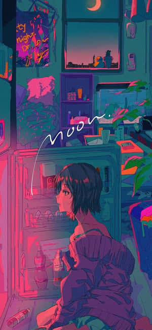 動漫女孩在月光下的霓虹房間裡打開冰箱，周圍有植物和海報。 — 手機 壁紙