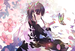 戴著蝴蝶髮夾的動漫女孩握著劍，被櫻花環繞。 — 鬼滅之刃 炭治郎 壁紙