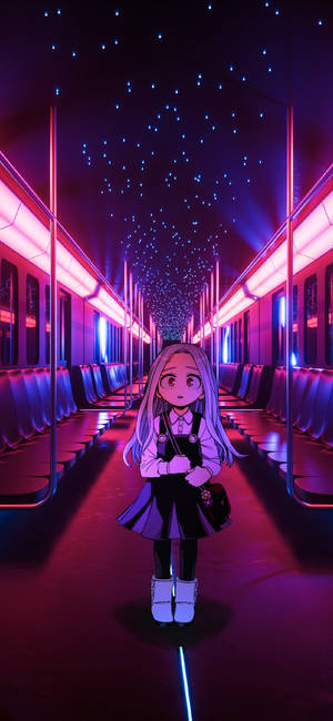 動漫女孩在閃爍星光的霓虹地鐵中。 — iPhone Air 壁紙
