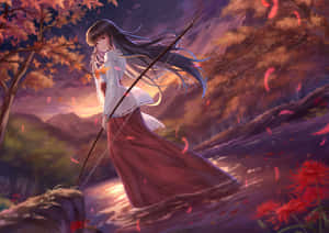 動漫女孩在秋日暮色森林中持弓，落葉飄舞。 — 桐人 壁紙