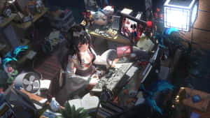 穿著和服的動漫女孩在凌亂的遊戲書桌前，舒適的夜晚房間。 — 玩家 壁紙
