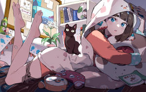 動漫女孩穿著貓咪連帽衫，在床上與黑貓和遊戲控制器一起休息。 — 情色 壁紙