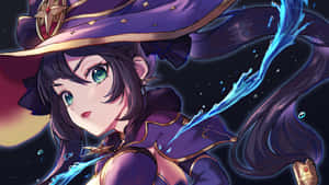 動漫女巫在黑暗的宇宙場景中施展藍色水魔法。 — 原神 壁紙