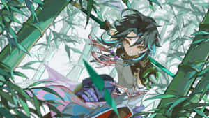 動漫戰士，青色頭髮，持劍隱藏在竹林中。 — 原神 壁紙