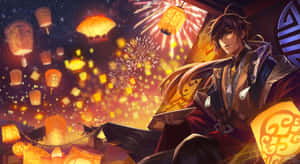 夜晚被漂浮的燈籠和煙火包圍的動漫戰士。 — 鍾離 壁紙