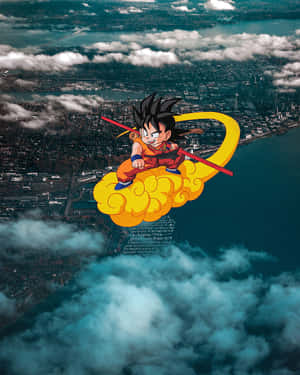 動漫角色悟空在雲上飛過城市和海洋。 — 雲朵 壁紙