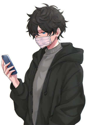 年輕動漫男子戴口罩和連帽衫手持手機 — 可愛 壁紙