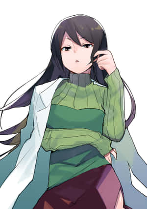 動畫女孩穿著綠色毛衣和白色外套，若有所思地調整頭髮。 — iPad Pro 11 壁紙