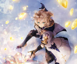 金髮藍眼的動畫魔法師，被發光的金色水晶環繞。 — 原神手機壁紙