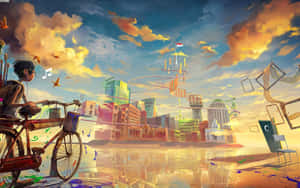 一位自行車手穿過一個夢幻般的城市，其中有漂浮的建築物和色彩繽紛的雲彩。 — 奇幻藝術 壁紙