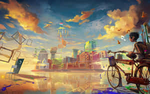 一位年輕人在夢幻般的浮動城市中騎自行車，日落時分有音樂符號和鳥兒。 — 插畫 壁紙