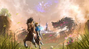 英雄騎馬在幻想風景中向城堡附近的巨龍衝鋒。 — 薩爾達傳說 � Breath of the Wild 壁紙
