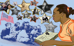 年輕女孩閱讀《Black History》書籍，周圍環繞著歷史人物的星形肖像。 — 數位藝術 壁紙