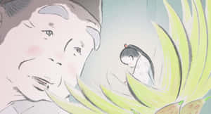 一位年長女性充滿愛意地看著一個藏在綠葉中的小孩。 — Pink Kawaii 壁紙
