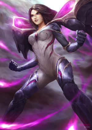 奇幻女戰士，擁有發光的紫色翅膀和能量光環，擺出動作姿勢。 — Pixel 3 壁紙
