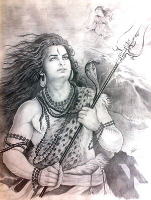一位神聖的人物，手持三叉戟，頸上纏蛇，上方有一個小人物漂浮。 — Sai Baba 高畫質壁紙