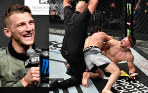 UFC拳手在記者會上微笑並在八角籠中戰鬥 — 運動 壁紙
