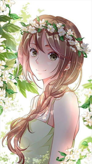 戴花冠的動漫女孩在綠葉中微笑 — 美學動漫手機 壁紙