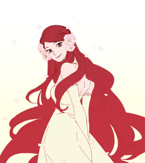 紅髮粉花的動漫女孩微笑著穿著奶油色連衣裙。 — 漩渦鳴人 壁紙