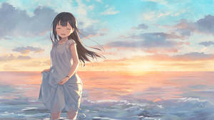 動漫女孩在夕陽下的海洋中微笑，風吹動她的頭髮。 — 日落 壁紙