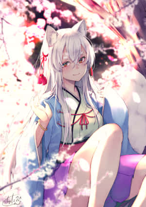 櫻花場景中帶狐狸耳朵的動漫少女 — 可愛動漫女孩 壁紙