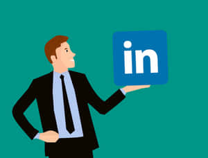 商人在青綠色背景上舉起LinkedIn標誌 — 矢量藝術 壁紙