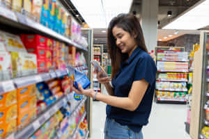 女士在超市走道中拿著手機比較穀物 — 雜貨店 壁紙