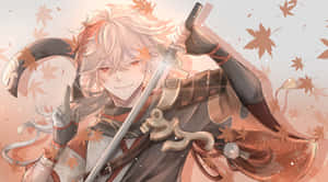 白髮持劍的動漫戰士被飄落的秋葉環繞。 — 電玩遊戲 GIF 壁紙