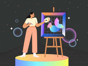 藝術家在星空宇宙環境中，在畫布上繪畫色彩繽紛的抽象藝術，並有漂浮的氣泡。 — 矢量藝術 壁紙