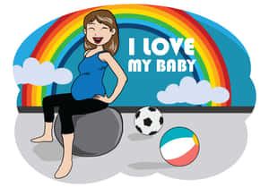 孕婦在彩虹下微笑，旁邊有「I love my baby」字樣和沙灘球。 — 懷孕 壁紙