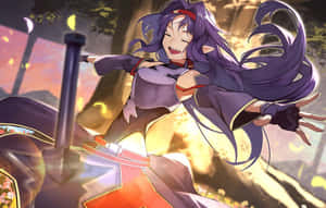 紫發動漫女孩在日落場景中微笑著揮舞發光的劍。 — 刀劍神域 壁紙