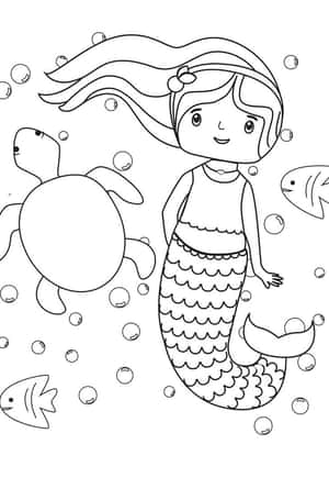 一位微笑的美人魚，與海龜和魚群一起在水中游泳，伴隨著氣泡。 — 美人魚 壁紙