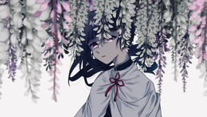 深色頭髮和紫色眼睛的動漫女孩，在垂掛的紫藤花下。 — 臉 壁紙