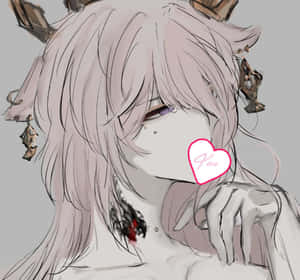 動漫女孩，有角和面具，拿著一個標有你的粉紅色心臟。 — 凱羅·忍 壁紙
