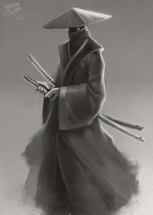 一位蒙面武士，身穿飄逸長袍，在灰色迷霧中手持兩把劍。 — 日本動漫 壁紙