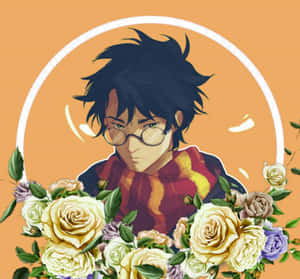 動漫風格肖像，一位戴眼鏡和圍巾的年輕男子被玫瑰環繞。 — 哈利波特 壁紙