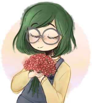 戴眼鏡、綠髮的動畫女孩手持一束紅花。 — 小米 Mix Flip 2 壁紙