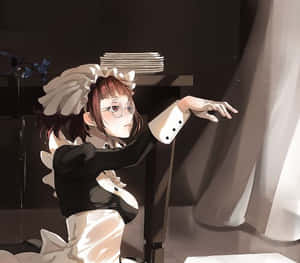 動漫女僕穿著黑白制服，在陰暗的房間裡靠在桌子上。 — 哥德美學 壁紙