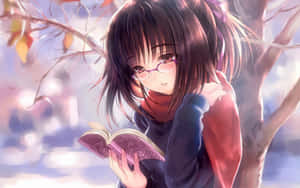 戴眼鏡的動漫女孩在樹下閱讀一本書，樹上有秋葉。 — 閱讀 壁紙