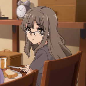 戴眼鏡的動漫女孩在舒適的房間裡，在木桌上吃早餐。 — 可愛動漫頭貼 GIF 壁紙