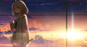 戴眼鏡的動漫女孩在夕陽下站在圍欄後面，花瓣飄舞。 — 奇幻傳奇 米拉貝兒 壁紙